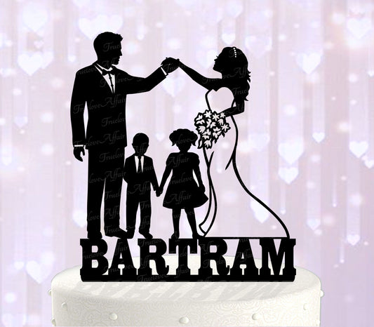 Family Wedding Cake Topper ~  Bride, Groom, Boy and Girl ~ Custom Detailed Acrylic Silhouette Cake Topper with Children [TLA100]