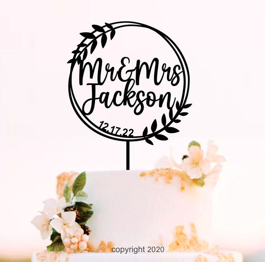 Boho Floral Rustic Wreath Wedding Cake Topper ~ Personalized Bohemian Wedding Cake Topper [TLA43]