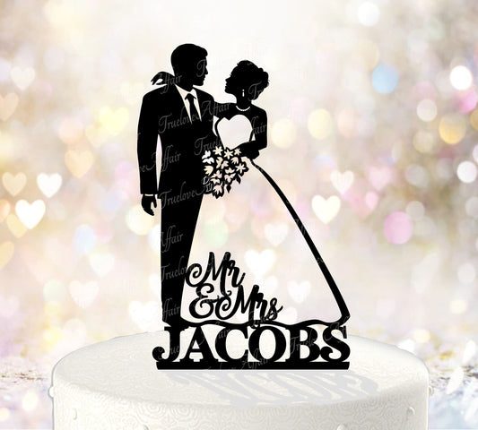 Bride in a Princess Cut Dress, & Groom Silhouette Wedding Cake Topper with Last Name Acrylic Wedding Cake Topper [TLA66]